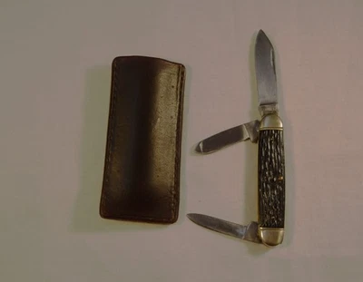 Vintage Boker USA Cattle 3 Blade Stockman Knife with Custom Leather Slip - Image 1 of 4