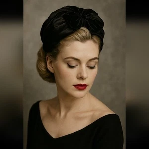 Vintage 1950s Black Velvet & Satin Headpiece Elegant Evening Accessory - Picture 1 of 8