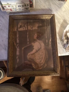 Vtg 1930s Framed Textured Lithograph Spring Song Simon Glucklich Girl Bird 11x14 - Picture 1 of 3