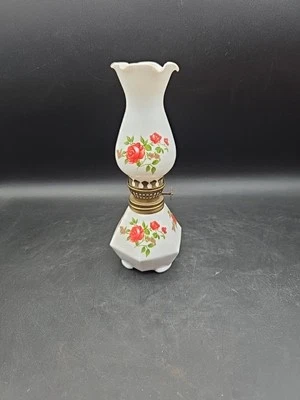 Vintage White Small Oil Lamp With Rose Applique - Image 1 of 4