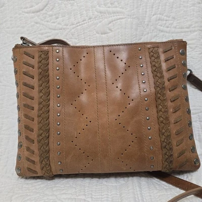 Lucky Brand Small Crossbody Studded Braid Tan Triple Entry Zip Closure Festival - Image 1 of 4