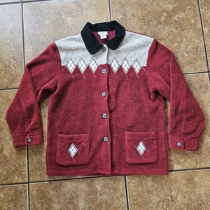 Vintage Teddi Fleece Jacket Cardigan Shacket Diamond Red Black XL Button Up 90s - Picture 1 of 7
