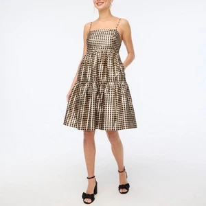 J. Crew Metallic Gold Lame Gingham Babydoll Mini Dress NWT - Picture 1 of 10