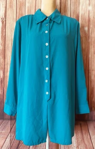Women’s 2X Blouse Dressbarn Button Down Long Sleeves Collared Silky Teal Blue  - Picture 1 of 10