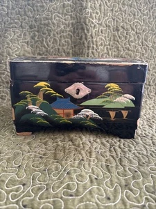 Schwarz Lack Musik Schmuckkästchen JAPAN handbemalt 7x5x4" 2 Schubladen FUNKTIONIERT! - Bild 1 von 24