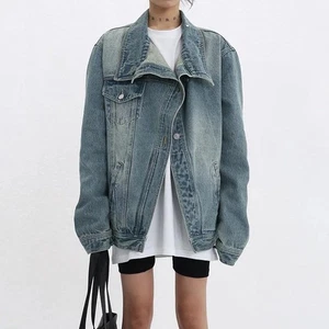 Retro Unregelmäßigkeit Jeansjacke Damen Mantel Revers diagonale Schnalle Design Tops - Bild 1 von 13