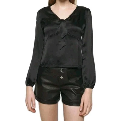 Maje Black Silk Satin Tied Size 1 US XS Blouse Long Sleeve Top  - Image 1 of 4