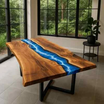 Resin River Epoxy Sea Center Dining Table | Live Edge Wooden Epoxy Table TOP - Image 1 of 4