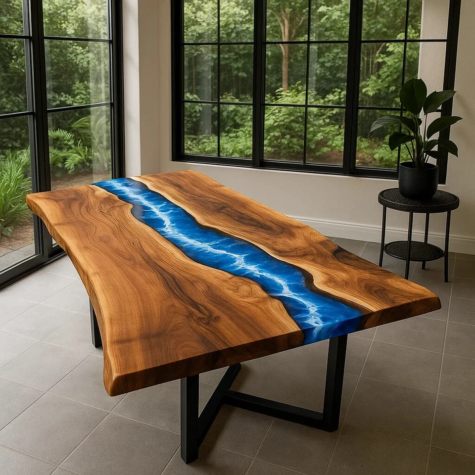 Resin River Epoxy Sea Center Dining Table | Live Edge Wooden Epoxy Table TOP - Image 1 of 4