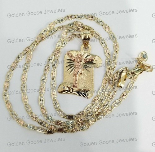 14k Yellow G Scroll Jesus Crucifix Religious Pendant Charm Valentino Chain 18