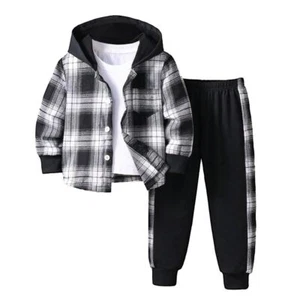 Toddler Boy Clothes Plaid Hooded Shirt - 2 Piece Outfit Button Front Toddler ... - Picture 1 of 6