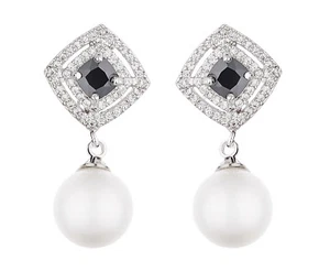 Pearl Clip On Earrings silver luxury drop with a black stone - Nanda - Picture 1 of 2