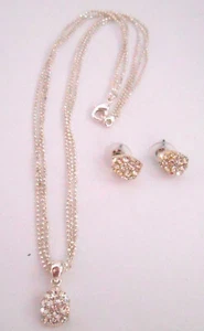 SILVER TONE TRIPLE BALL CHAIN NECKLACE RHINESTONE PENDANT & POST EARRING SET - Picture 1 of 4