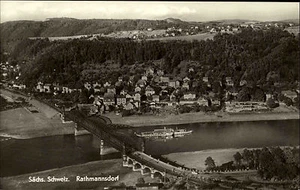 Rathmannsdorf Sajonia antigua RDA s/w postal 1966 vista panorámica puente del Elba total barco - Imagen 1 de 2