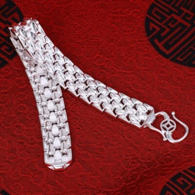 Real 990 Fine Silver Bracelet Women Men 14mm W Watch Link Chain 7.1-8.26inch - Image 1 of 4