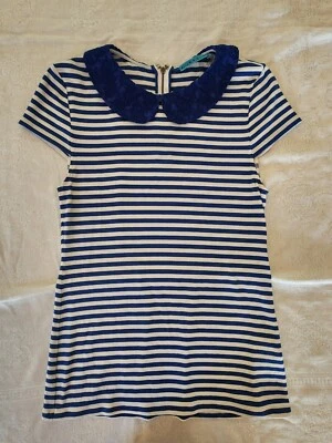 Alice + Olivia Silk-Collared Blue and White Striped T-shirt, Size Large - Image 1 of 4