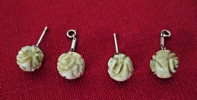 2-in-1 Marvella Carved Rose 1/4" Faux Ivory Beige Pierced Post Earrings Vtg AZJ - Image 1 of 4