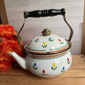 ASTA Enamelware Tea Kettle Teapot Brass Handles Tulips Vtg 1960’s West Germany - Picture 1 of 6