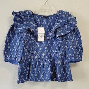 New, Zara embroidered floral eyelet detail ruffle blouse women's size small - Picture 1 of 10