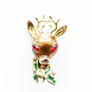 Hobe Bambi Motif Brooch Enamel Red Stone Vintage Jewelry Used - Picture 1 of 10