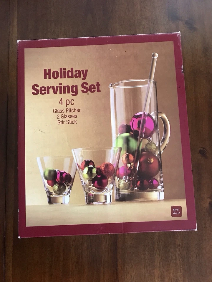ULTA Beauty Holiday Serving Set 4pc Glass Pitcher 2 Glasses Stir Stick