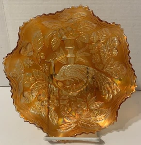 Fenton Marigold Carnival Glass Peacock & Urn Ruffled Bowl - Picture 1 of 5