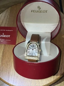 Peugeot 303 Womens Brown Genuine Leather Band Gold Case Analog Quartz Wristwatch - Picture 1 of 13