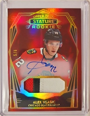 22-23 Upper Deck Stature Update Alex Vlasic Rookie Patch Auto 5/6 Blackhawks. - Image 1 of 2