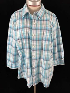 Van Heusen blouse top size 2XL long roll tab sleeve button up blue plaid pockets - Picture 1 of 8