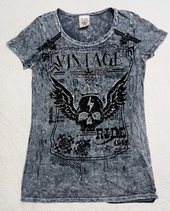 Women's VOCAL Jeweled Tshirt Made in USA Vintage Ride 1942 w/ skull Acid Wash - Picture 1 of 10