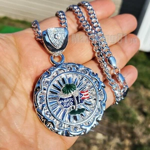 PUERTO RICO FLAG CUBIC ZIRCONIA PENDANT & 6mm CUBAN CHAIN NECKLACE SILVER PLATED - Picture 1 of 4