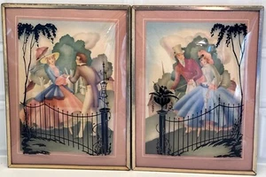 PAIR VTG Reverse Painting Couple Silhouette Convex Bubble Glass Picture 6x8 Deco - Picture 1 of 7