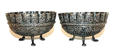 Par de cuencos perforados con trípode indio de plata pura con motivo de selva y animal de colección (ThB) Foto 1 de 4