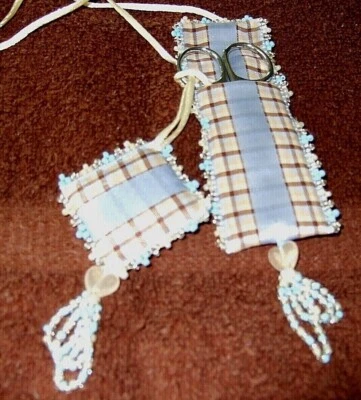 Lt Blue & Ivory Checks Beaded Ribbon Scissor Case & Pincushion W/ Scissor - NEW - Image 1 of 2