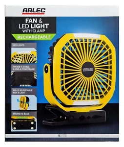 Arlec Rechargeable Fan & LED Light with Clamp for Outdoors & Worksites - Picture 1 of 4