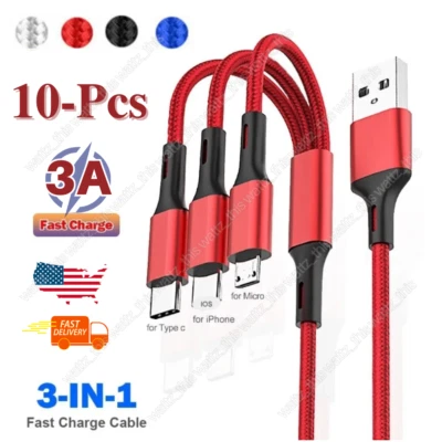 USB 3 in 1 Fast Charging Cable Cell Phone Charger Cord For iPhone Type C Micro - Image 1 of 4