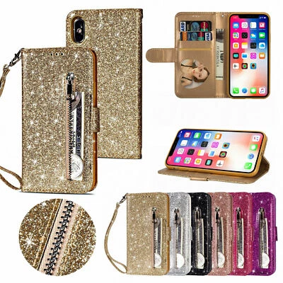 For iPhone 12/11 Pro Max XS XR 8 7 6 Bling Glitter Leather Wallet Zipper Case - Image 1 of 4