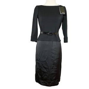 NEW Tadashi Shoji Belted Sheath Dress Women 4 Black Boat Neck Satin Pencil Skirt - Picture 1 of 9