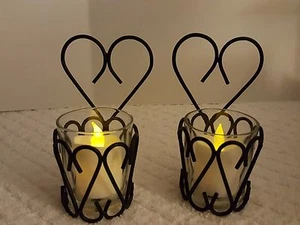 COLLECTIBLE 2 BLACK RUSTIC HEART SCROLL VOTIVE CANDLE HOLDERS W/GLASS INSERT - Picture 1 of 8