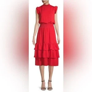 SAKS FIFTH AVE FLOUNCE BLOUSON RED RUFFLE  HIGH NECK NWT DRESS SIZE 0 - Picture 1 of 10