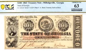 1863 $100 State of Georgia, Milledgeville Obsolete - PCGS 63! Bright & Crisp! - Picture 1 of 4