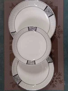 Ceramic Dinner Plates Elegant White Black with Geometric Black Trim Design - Picture 1 of 11