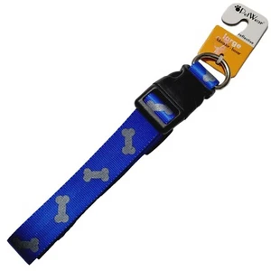 Pet Wear Dog Collar Reflective Blue Dog Bone Pattern Sz Large 1" x 15"-26" - Picture 1 of 7