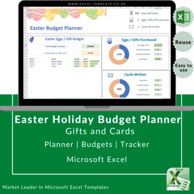Easter Holiday Eggs, Gift and Card Planner for Budgeting. Microsoft Excel