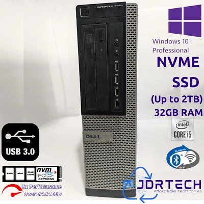 Windows 10 Pro Desktop Computer Dell Optiplex 7010 Core i5 NVME SSD 32GB WiFi BT - Image 1 of 4