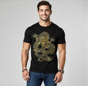 New Men Luxury Diamond Dragon Rhinestones Fashion Black T-Shirt High Quality - Picture 1 of 7