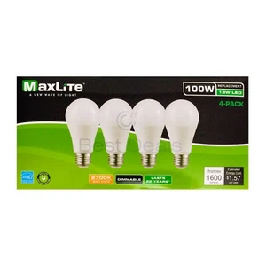 MaxLite 100W Soft White 2700K Dimmable LED 13W Light Bulb A19 E26- 4 Pack - Picture 1 of 5