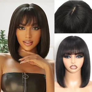 Short Bob Wig with Bangs Human Hair Glueless 180% Density Middle Part Upgrade... - Picture 1 of 6