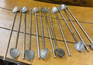 Antique Set of 11 Sterling Silver 7.75" Ice Tea Stirrer Spoons Heart & Scrolls - Picture 1 of 18