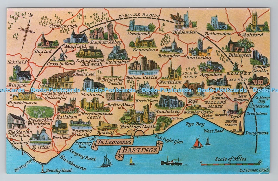 R790201 St Leonards Hastings 20 Mile Radius Map D V Bennett Lenham Kent Photo Vi - Image 1 of 4